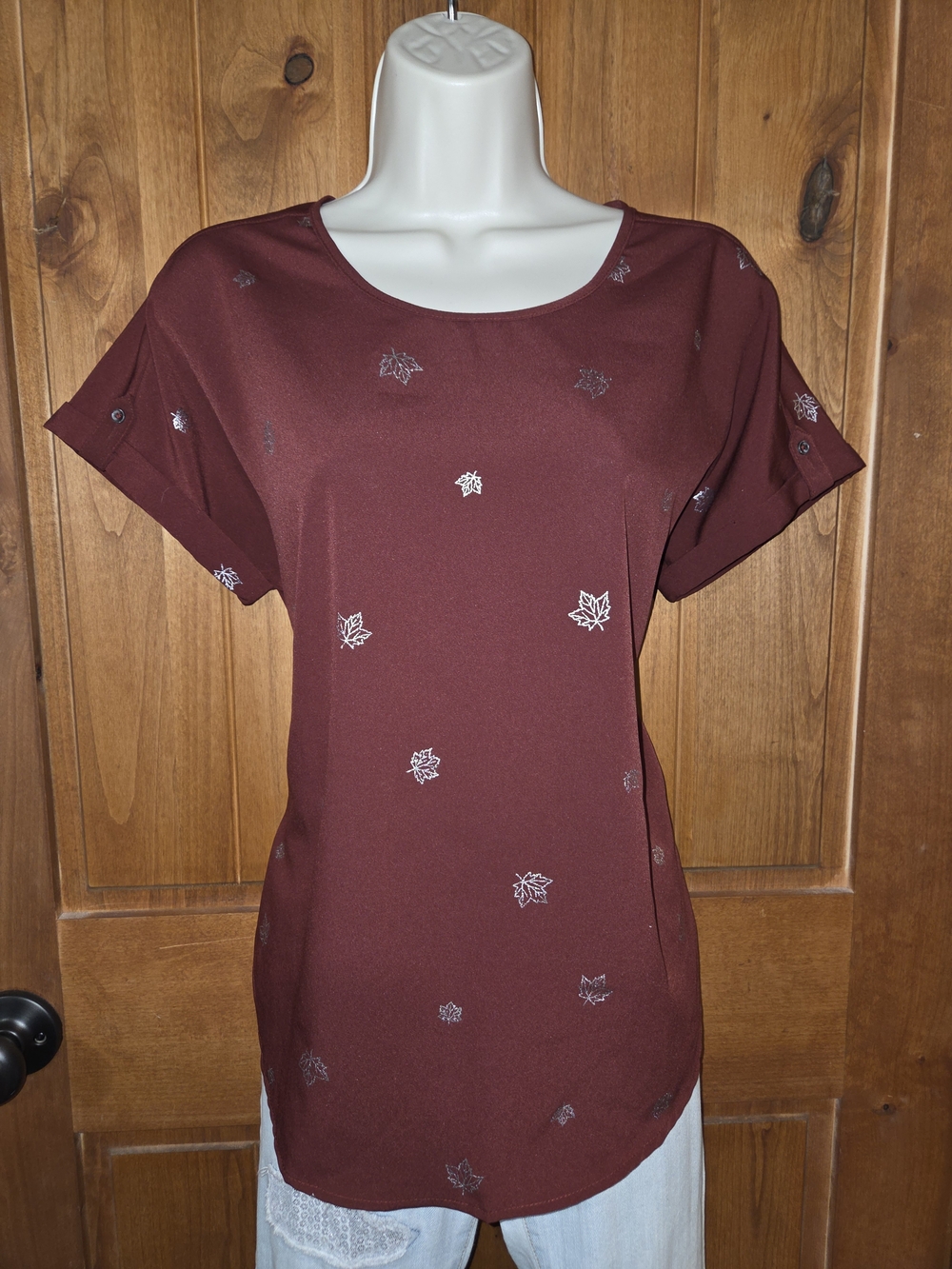 Maurices Maroon Short-Sleeve Leafā Print Blouse